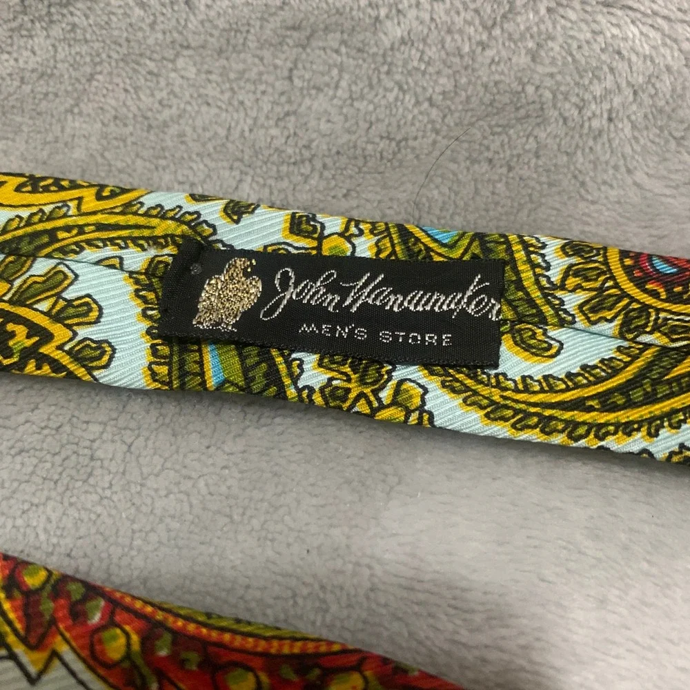Vtg Rooster‎ John Wanamaker Paisley Neck Tie Green Gold Hand Printed Square End